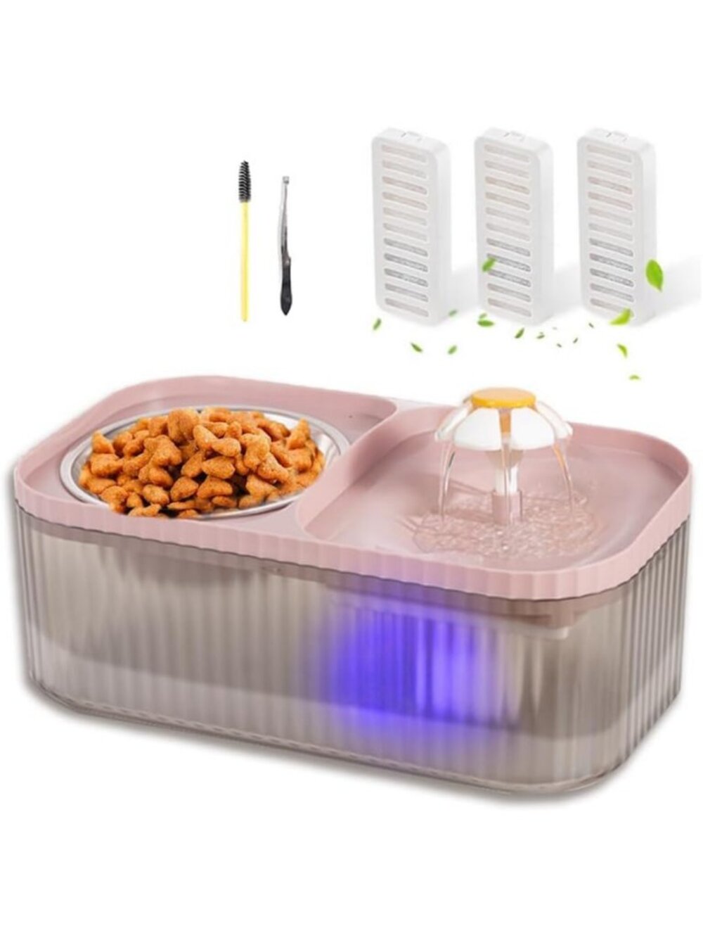 Super Quiet Cat Water Fountain & Stainless Steel Food Bowl, 100oz Automatic